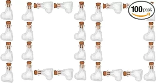 Small Mini Tiny Glass Jars Bottles with Cork Stoppers Heart Shape Corked Bottles Clear Glass Vials Tiny Bottles for Party Wedding Jewelry Making Miniature Altered Art, 100 Pack
