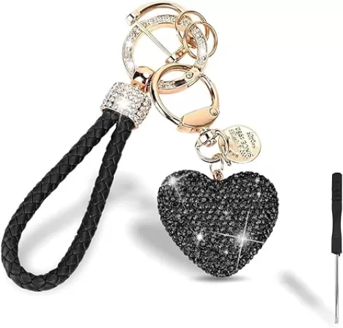 Sparkly Car Key Chain, Rhinestones Heart Shape Key Fob Holder for Women, Personalized Christmas Valentine's Day Presents (Black)