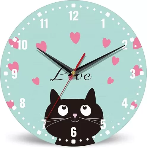 SPUNKER Clocks for Living Room, Cute Black Cat 10 Inch Wall Clock, Red Love Heart Small Battery Operated Wall Clocks Decorative for Kitchen/Living Room/Bedroom/Bathroom/Dining Room