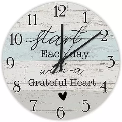 Start Each Day with A Grateful Heart Wall Clock Inspirational Large PVC Wall Clocks Battery Operated 12 Inch Desk Clock Wall Art Modern Home Decor for Kitchen Living Room Bedroom