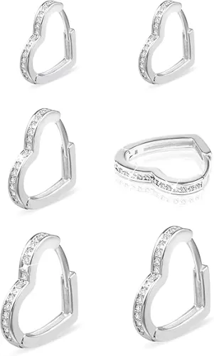 Sterling Silver Hoop Earrings Small Heart Huggie Hoop Earrings for Women Girls Cubic Zirconia Huggie Heart Earings Hypoallergenic Cute Silver Earring Set for Women 3 Pairs
