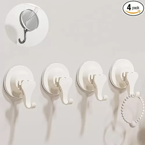 Suction Cup Hooks for Shower, Heart Shape for Hanging in Shower, Mounting on Glass, Tile, Mirrors, or Metal Surfaces - Cream (4 Pack)