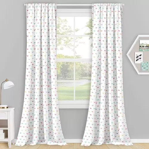 SUN+BLK Nora Hearts Total Blackout Curtain 1 Panel, Kids Bedroom, Nursery, White with Rainbow Hearts, 42 x 84