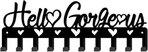 SUPERDANT Hello Gorgeous Hooks Key Holder Heart Shape Cutout Wall Mounted Door Key Organizer for Dog Leash Text Theme Decorative Hook with Screws Art Decor for Kitchen Entryway Hat Rack Gift