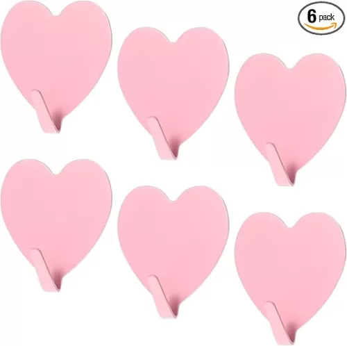 Teaaha 6PCS Pink Heart-Shaped Stainless Steel Self-Adhesive Hooks for Wall Organization