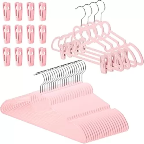 Tessco 20 Pcs Velvet Clothes Hangers with 20 Pcs Clips Non Slip Space Saving Skirt Hanger 360 Degree Swivel Hook Felt Heart Shaped Drying Rack for Pants(Pink, Velvet)