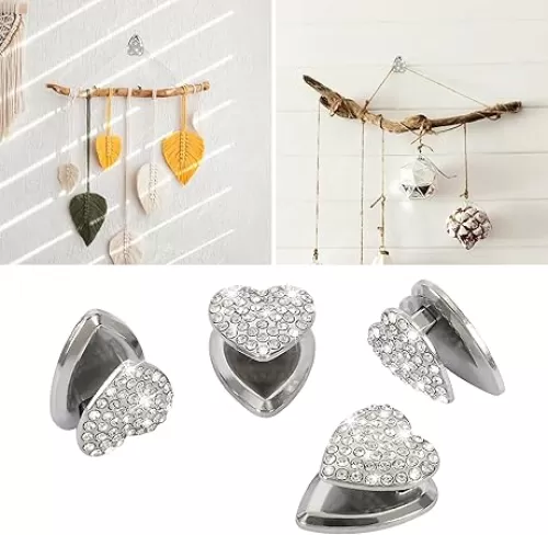 TOMALL Bling Car Hooks 4pcs Heart Shape Cute Dashboard Hooks for Keys, Charging Cable, Sunglasses - Multifunctional Hanging Storage Hooks Universal Diamond Decorations for Home DIY (White)