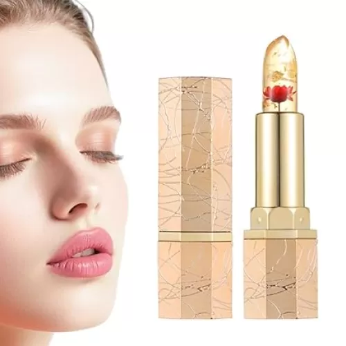 Transferproof Color Changing Lipstick for Women, Gold Crystal Ph Lipstick Color Changing, Clear Lipsticks, Long Lasting 24 Hours Moisturizing Glossy Shine Lip Gloss (Red flower)
