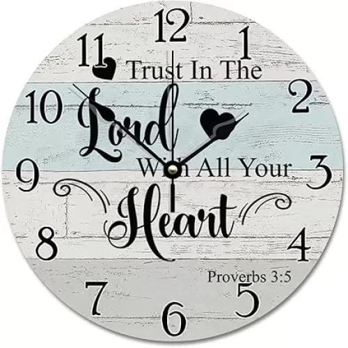 Trust in The Lord With All Your Heart Bible Verse Wall Clock - Religious Quote Art Wooden Christian Inspirational Saying - Rustic Wood Christian Thanksgiving Gift for Her