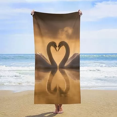 Two Heart-Shaped Swans Beach Towel 31.5"X63" Oversized Quick Dry Pool Towels Soft Absorbent Microfiber Bath Towels Sand Free, Personalized Beach Blanket Lightweight Towel for Travel Swimming