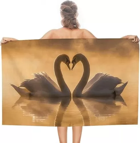 Two Heart-Shaped Swans Beach Towels Oversized 31"X51" Pool Swim Towels Sand Free, Super Absorbent Microfiber Bath Towel, Soft Travel Blanket, Quick Dry Towel for Travel Swimming Camping Yoga Gym