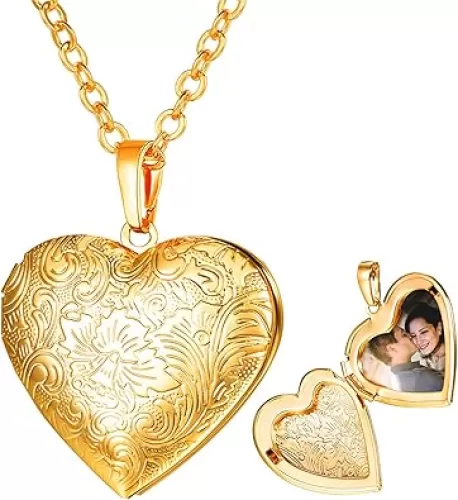 U7 Custom Photo Locket Necklace with 18 inch Chain - Oval & Heart Shaped Locket - Personalized Image Necklaces for Women & Girls