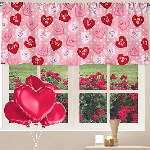 Valentine Curtain Valance 54 x 18 Inch Conversation Candy Heart Dot Valance Curtain Rod Pocket Pink Short Window Treatment for Home Party Window Decor