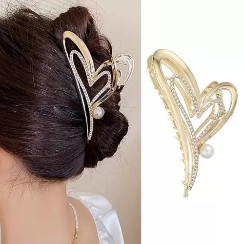 Valentinee Day Hair Clip Heart Hair Claw Clips Gold Metal Heart Shaped Claw Clips with Rhinestones Pearl Design Hair Jaw Clamps Strong Hold Nonslip Hair Accessories for Women Thin or Thick Hair 1PCS