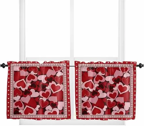 Valentine's Day, Kitchen Curtain 36 Inch Length Small Short Cafe Tiers Curtains Drape, 2 Panels Window Treatment Rod Pocket Drapery Panels Curtains, Valentine Red Love Romantic Heart 55x36