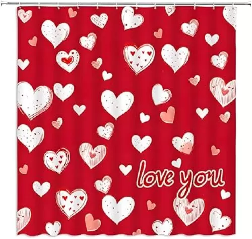 Valentine's Day Shower Curtain Falling Love Hearts Polka Dots Romantic Valentines Sweet Lover Couples Spring Holiday Bathroom Decor Curtains Polyester with Hooks, Red
