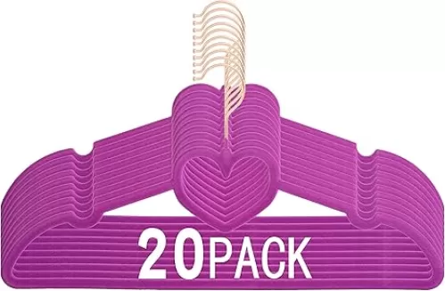 Velvet Hangers 20 Pack - 360 Swivel Rose Gold Hooks, 16" Non Slip Felt, Space Saving Clothes, Durable & Cute Flocked Heart for Adult (Light Purple)