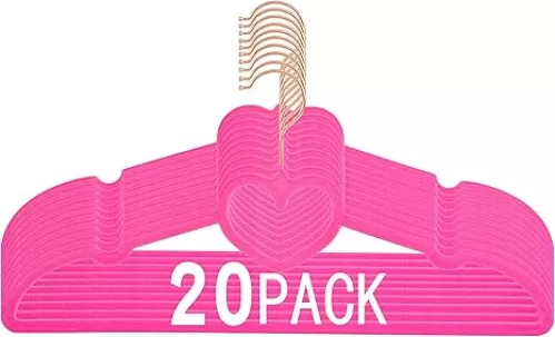 Velvet Hangers 20 Pack, 360° Swivel Rose Gold Hooks, 16" Non Slip Felt Hangers, Space Saving Clothes Hangers, Durable & Cute Flocked Heart Hangers for Adult (Hot Pink)