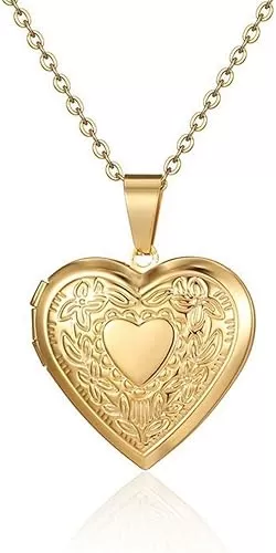 Vintage Engraved Flower Locket Picture Pendant Necklace Antique Carved Pattern Oval Heart Pendant Necklace For Women Hold Picture Souvenir Memorial Jewelry