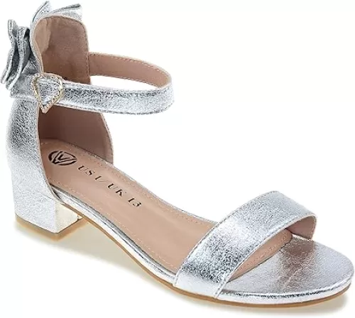 Vonair Girls Sandals Low Heels Ankle Strap Cute Heart Bow Design Flower Girls Wedding Party Dress Shoes for Little Big Kid