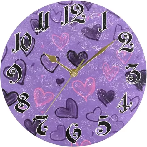 Wall Clock - Silent Non-Ticking, Battery Operated, 10 Inch Valentine Heart Purple Clock Decorative for Home, Bedroom, Living Room - Modern Decor Wall Clock