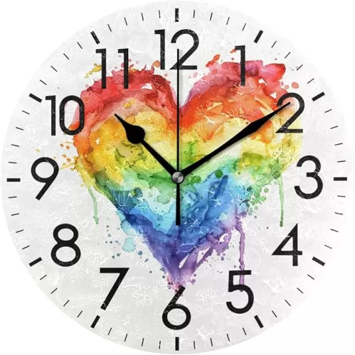 Wall Clock for Living Room Decor Silent Non Ticking Battery Powered Rainbow-Colored Heart 10 Inch Round Modern Simple Classic for Bathroom Office Home Bedroom School