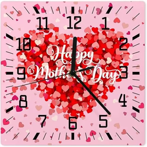 Wall Clock Square Silent Non Ticking Clock Mother's Day Pink Red Love Heart Happy Ombre Wall Clock Battery Operated 10 inch Kitchen Clock Wall Wooden Clock for Living Room Bedroom