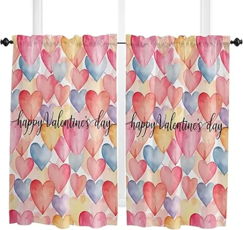 Watercolor Love Kitchen Curtain 54 Inch Length Small Short Cafe Tiers Curtains Drape, 2 Panel Window Treatment Rod Pocket Drapery Panels Curtains, Valentine's Day Colorful Sweet Heart 84x54