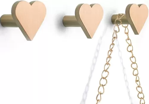 WAYUTO Set of 3 Wall Mounted Brass Coat Hooks with Mounting Hardware Heart Shaped Coat Hooks Single Coat Rack Hooks Clothing Wall Hooks for Home Office Hotel Wall Decoration