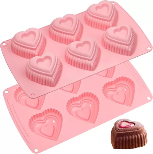 Webake Silicone Heart Cake Mold Tiered Mini Heart Shaped Cake Pans, 6-Cavity Heart Bunt Cake Molds Muffin Pan, Pack of 2