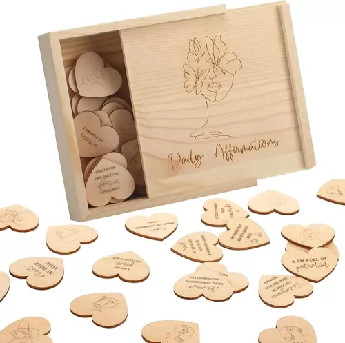 Wesiti Wooden Positive Affirmations Cards for Women 50 Pcs Heart Shaped Daily Affirmations for Women Empowerment Gifts Female Lines Inspirational Gifts for Women Motivational Quotes Wood Box