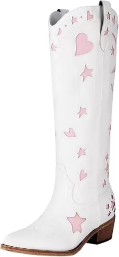 Western Cowboy Boots for Women Knee High, Stars Moon Heart Patterns Low Heel