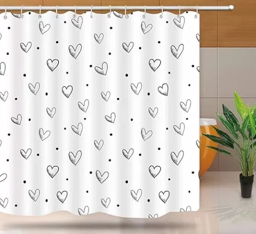 White Heart Shower Curtain, Valentine's Day Polka Dot Sweethearts Love Bath Curtain