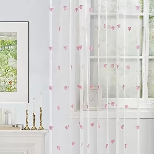White Sheer Curtain with Pink Heart Embroidery for Girls Bedroom Rod Pocket Window Panel for Princess Teenage Daughter Closet-Sheer Backdrop 1 Panel (W39 x L84inch)