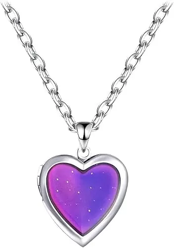 Women Photo Locket Necklace Heart Shape Color Changing Locket Necklace with 21 Inch Stainless Steel Chain