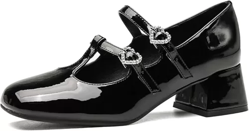 Women's Chunky Heel Mary Jane Shoes with Rhinestone Heart-Shaped Buckle Platform Dress Shoes for Business Office Wedding Party Comfort Round Toe Double Ankle Strap Pumps
