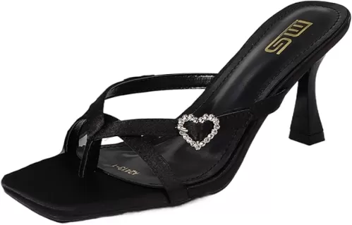 Women's Heart Shaped Buckle Thong Stiletto Sandals Fashion Slip On Square Open Toe Kitten Heel Flip Flops Summer T Strap High Heel Dressy Slide Shoes