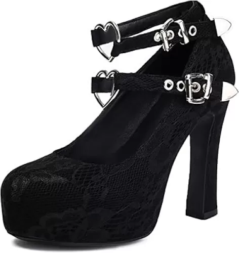 Women's Mary Jane Gothic Close Round Toe Platform Pump High Heels Double Heart Shape Anckle Straps Shoes