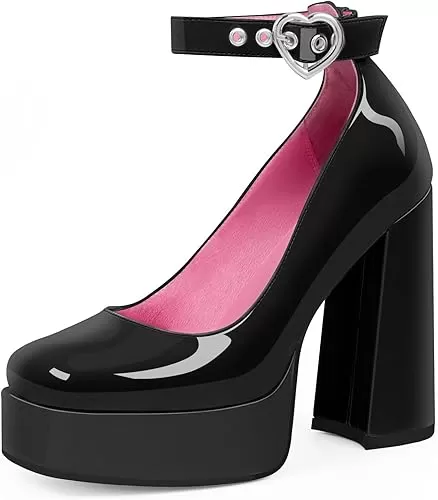 Women's Platform High Block Heel Pumps Ankle Strap Heart Buckle Square Toe Patent Leather Party Prom Dress Shoes