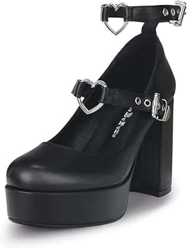 Women's Sexy Thick Heels Platform Heart Buckle Strap Mary Janes High Heel Round Toe Goth Shoes