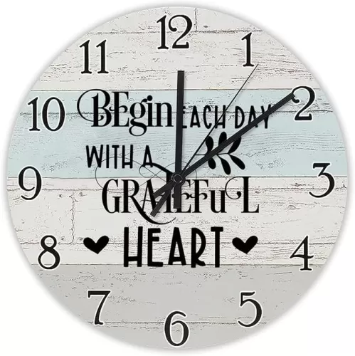 Wood Wall Clock Begin Each Day with A Grateful Heart Hanging Clocks Quotes Round Clock 10in Battery Operated Country Frameless Clocks for Living Room Bedroom Nursery Office