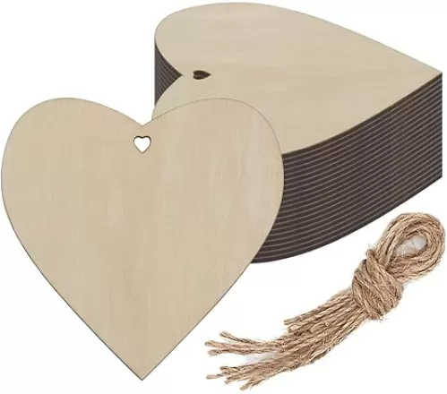 Wooden Heart Shaped Hanging Ornaments Heart Wood DIY Crafts Cutouts with Hole Hemp Ropes Wood Tags for Wedding Birthday Happy Mother
