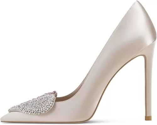 XYD Women's Pointed Toe Heart Shaped with Stitching Rhinestones Studded Slip On Stiletto Heels Sexy Wedding Pumps Shoes