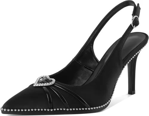 YODEKS Slingback Pumps for Women Beaded Closed Pointed Toe High Heels Pumps Rhinestone Crytal Diamond Love Heart Stilettos Heels Shoes 3.5" for Work Party Satin Black US Size 10