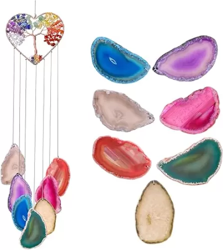 Yoption Heart Wind Chimes with Crystal Tree of Life Agate Slice for Home Wall Decor, 7 Chakra Natural Crystal Windchimes for Home Garden Decorative Ornament, Unique Gift