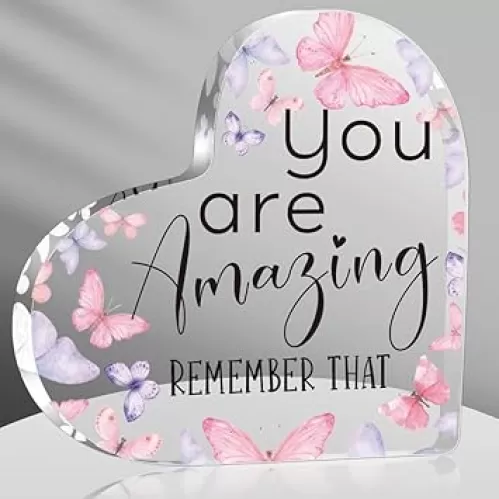 You are Amazing Inspirational Gifts for Women, Pink Butterfly Decorations Gifts for Coworker Friends, Best Birthday Acrylic Heart Shape Keepsake Gifts, Cheer Up Gifts