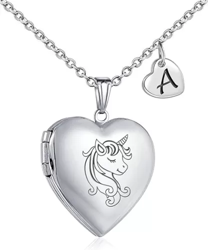 YOUFENG Unicorns Gifts for Her Love Heart Initial Letter Locket Necklace that Holds Pictures Enamel Locket Pendant Gifts for Women