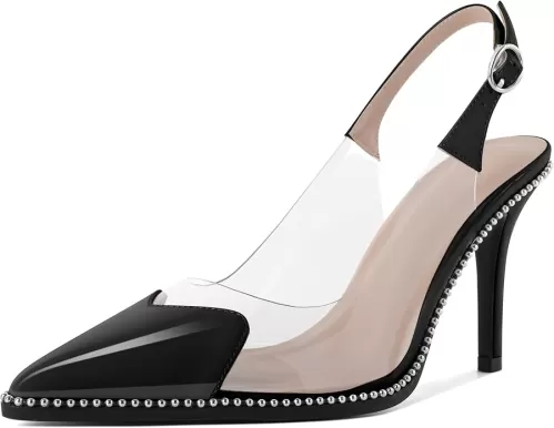 Zamikoo Women Sling Back Heels Pointed Toe Slip On Beaded Clear Transparent Heart Pattern High Heel Stilettos