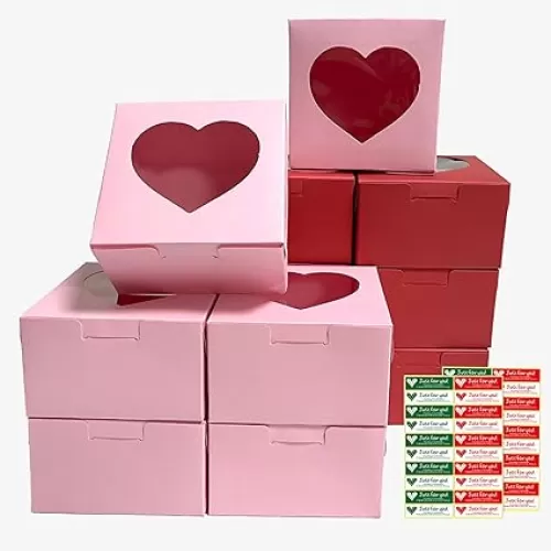 12 Pack 4x4x2.6 Inches Red Pink Heart Shaped Boxes with Window, Goodie Cupcake Strawberry Box for Valentine's Day Wedding Engagement Anniversary Bridal Shower Decorations