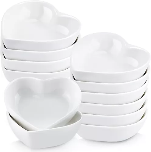 12 PCS Ceramic Heart Shaped Dipping Bowls, Mini Soy Sauce Dish, Porcelain Side Dishes for Dinner Wedding Sushi Candy, Multipurpose Seasoning Dishes Serving Dishes, White